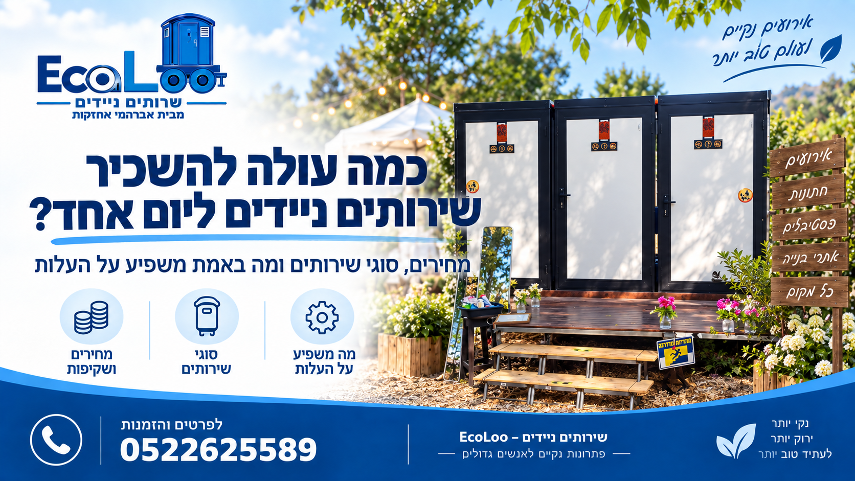 כמה עולה להשכיר שירותים ניידים ליום אחד – מחירון EcoLoo
