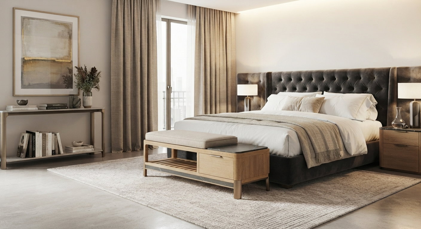 Custom Bedroom Bench for Hotel Suites & Villas: Fabric, Bronze, Oak and Stone Design