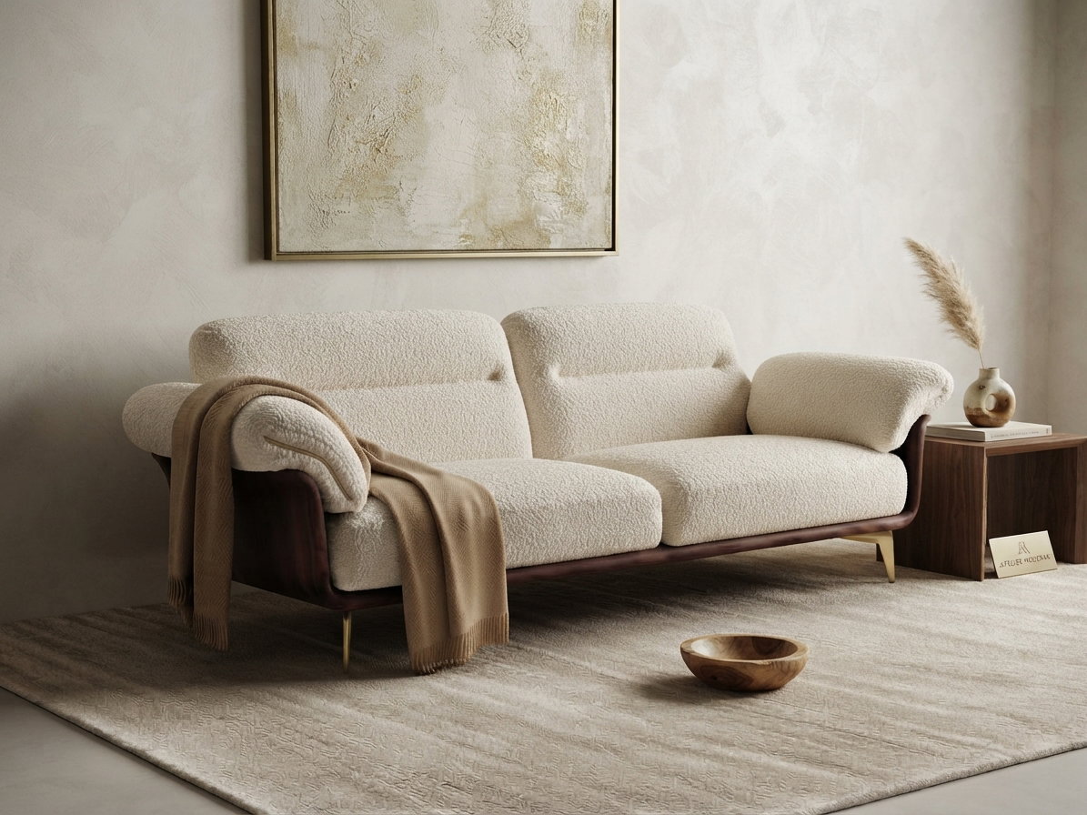 Custom cream boucle sofa in a minimalist fine dining restaurant waiting area