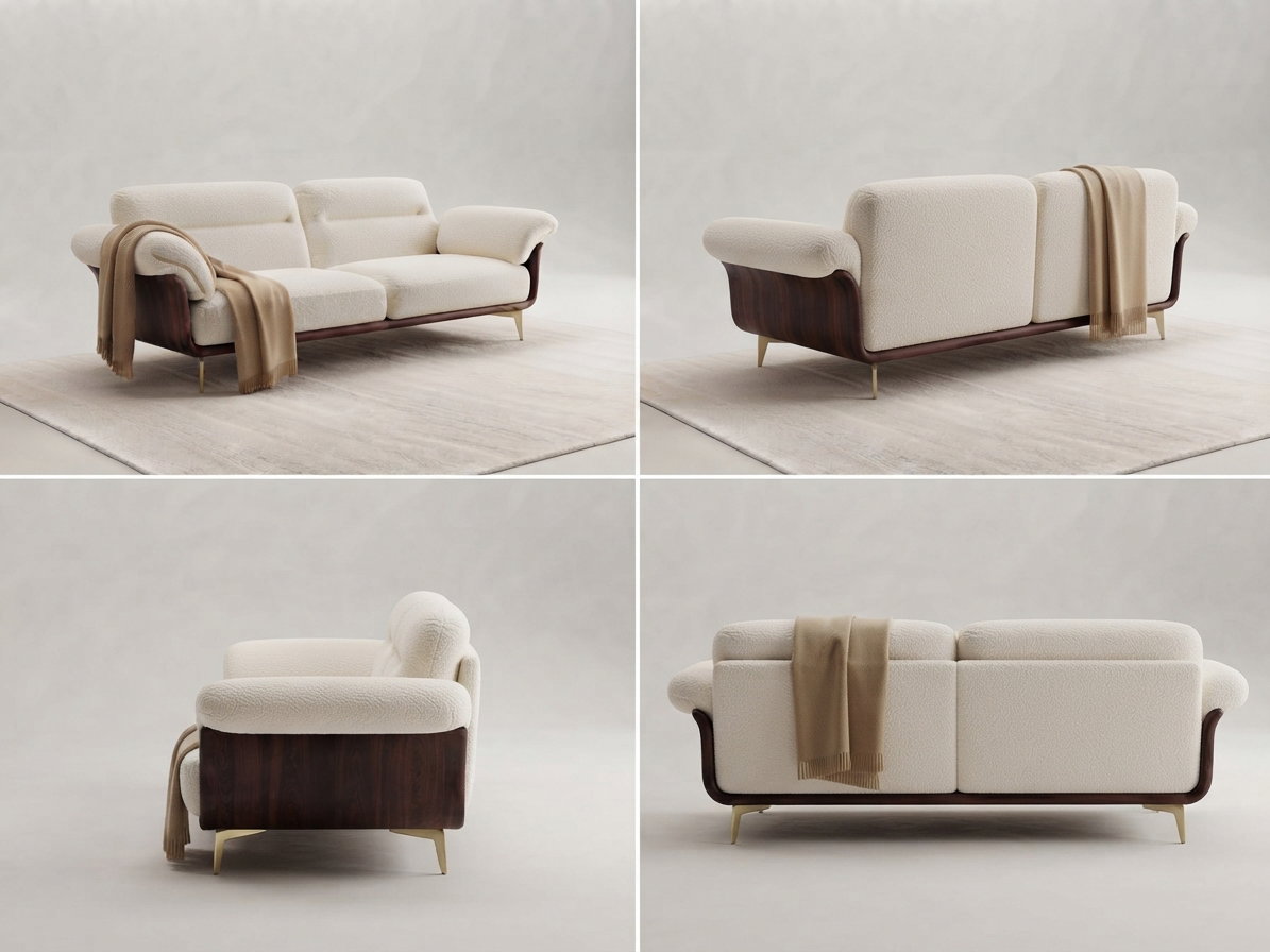 Custom restaurant sofa upholstery options in cream boucle, emerald velvet, cognac leather and grey fabric
