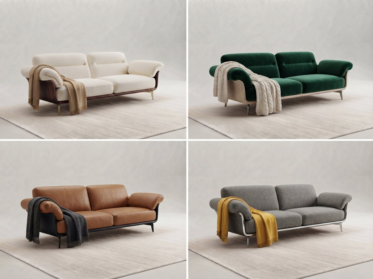Custom restaurant sofa upholstery options in cream boucle, emerald velvet, cognac leather and grey fabric