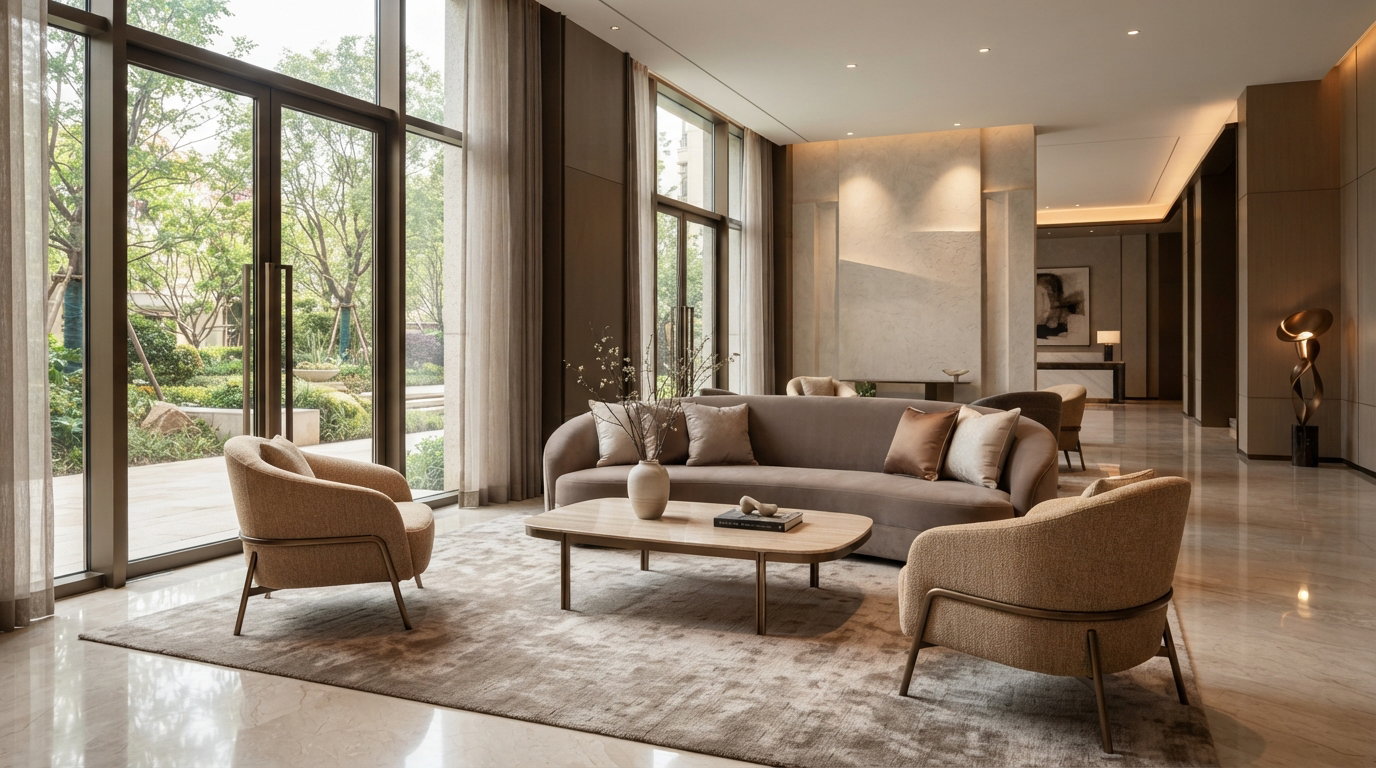 Custom hospitality seating in a luxury hotel lobby lounge with bronze details