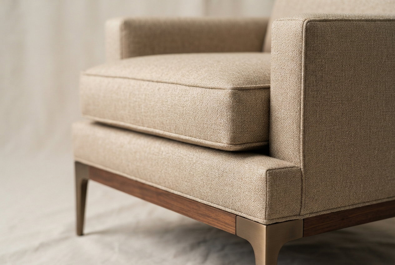 Close-up of custom hospitality seating with tight stitching, firm corners and a bronze leg