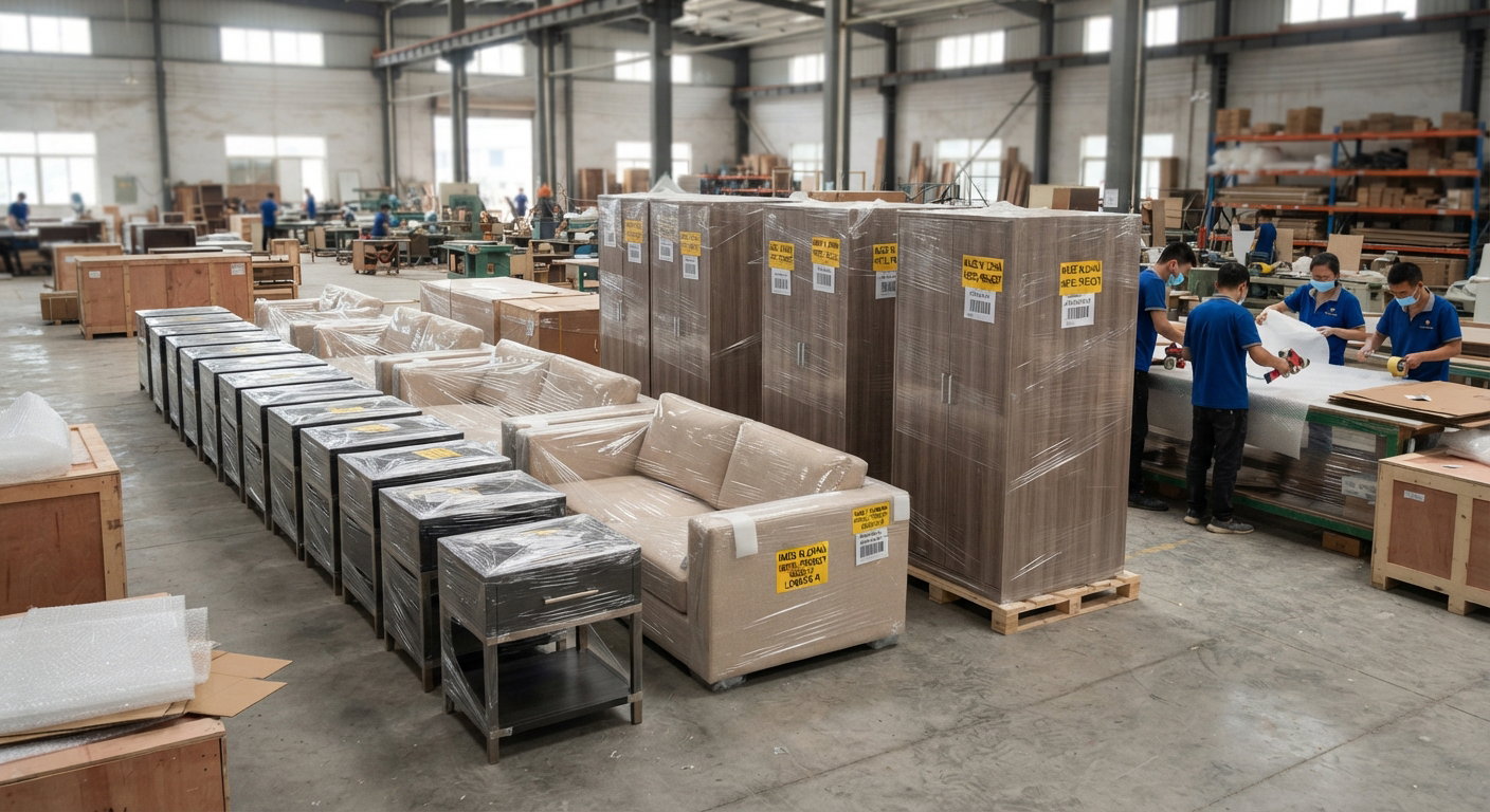 Finished custom hotel furniture at a China factory before packing and export