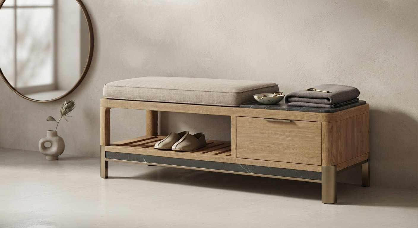 Custom bedroom bench with slatted shelf for shoes, drawer and stone top holding folded towels