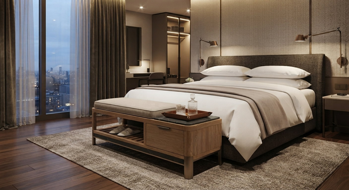 Custom oak bench at the foot of a king bed in a luxury hotel suite with city view