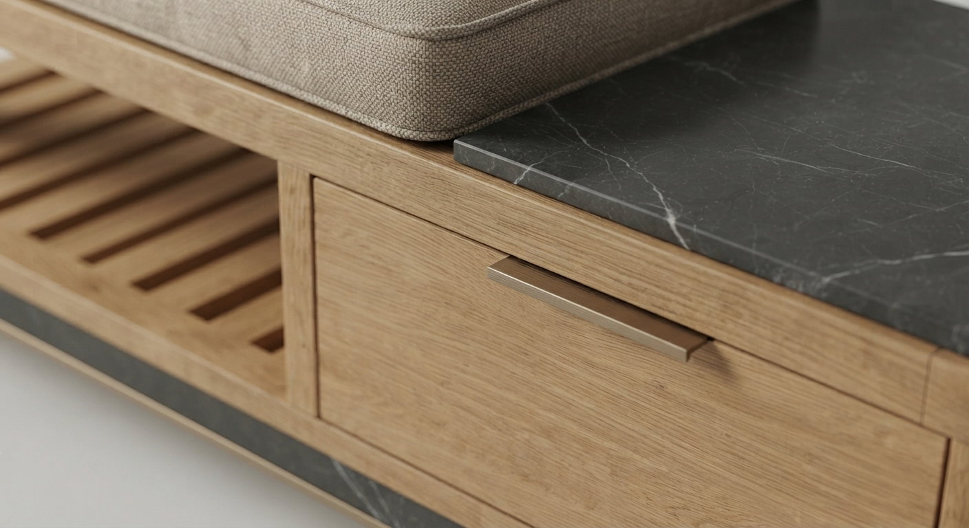 Close-up of custom bench with oak drawer, bronze-finished handle, dark stone top and piped cushion
