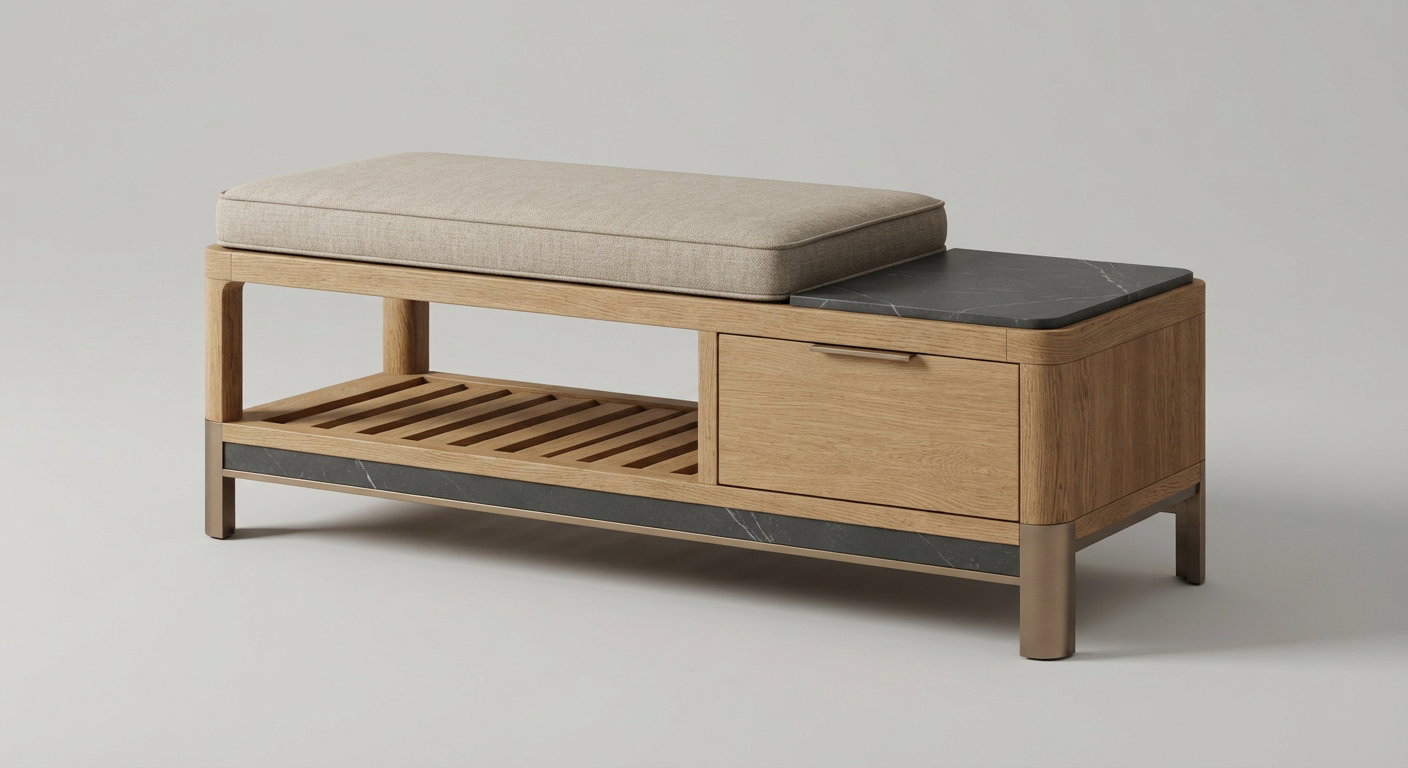 Custom bedroom bench in oak with oatmeal cushion, drawer, slatted shelf and bronze-finished legs