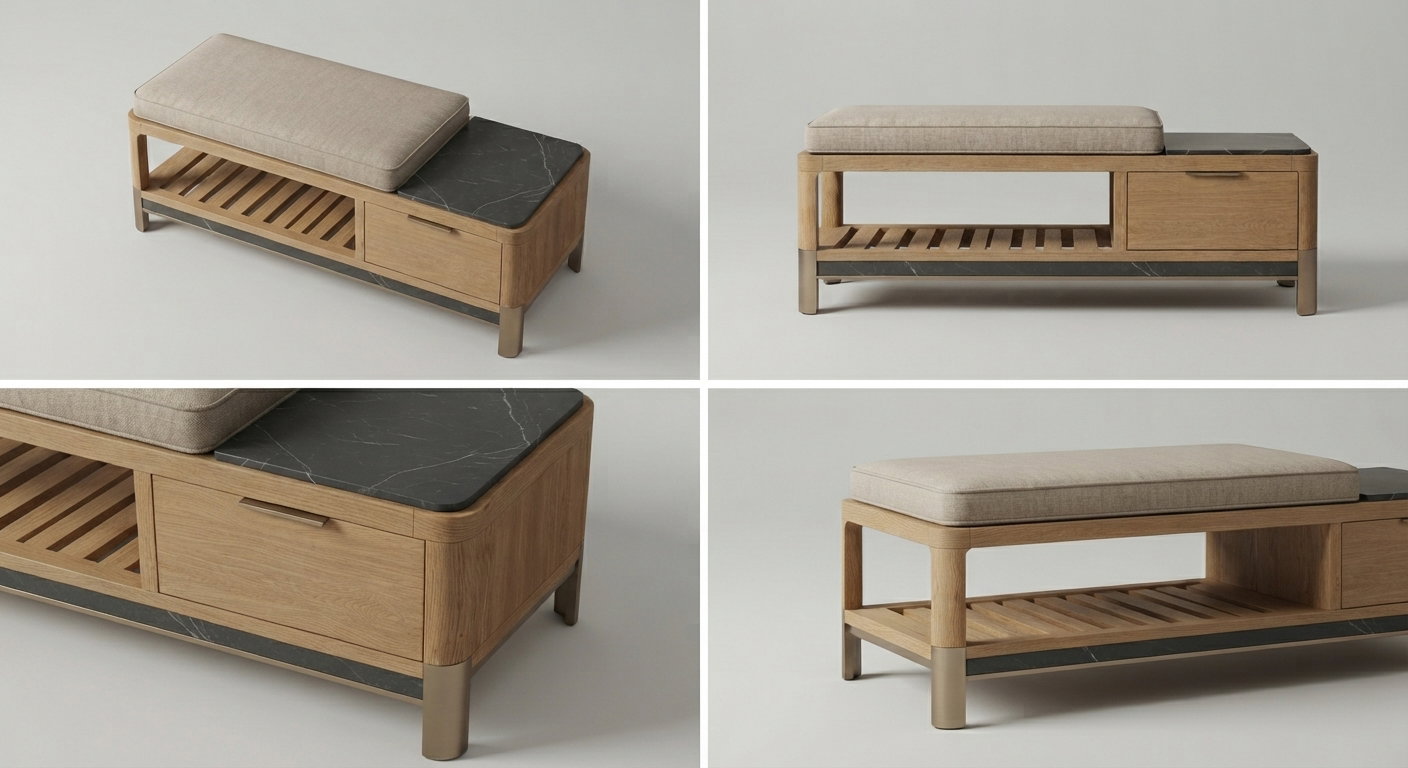 Four views of the custom oak bedroom bench: three-quarter, front, stone and drawer detail, and shelf