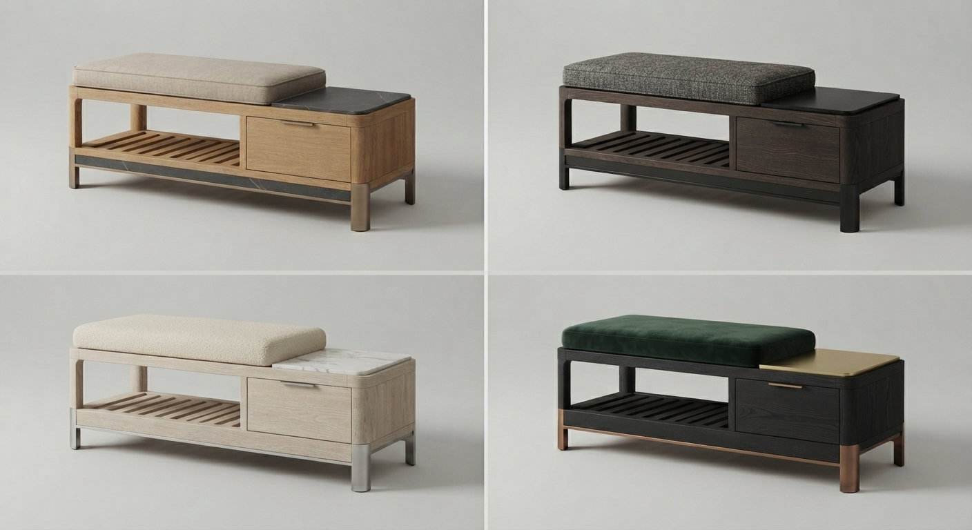 Custom bedroom bench finish options in natural oak, dark oak, pale oak and black oak with different fabrics and tops