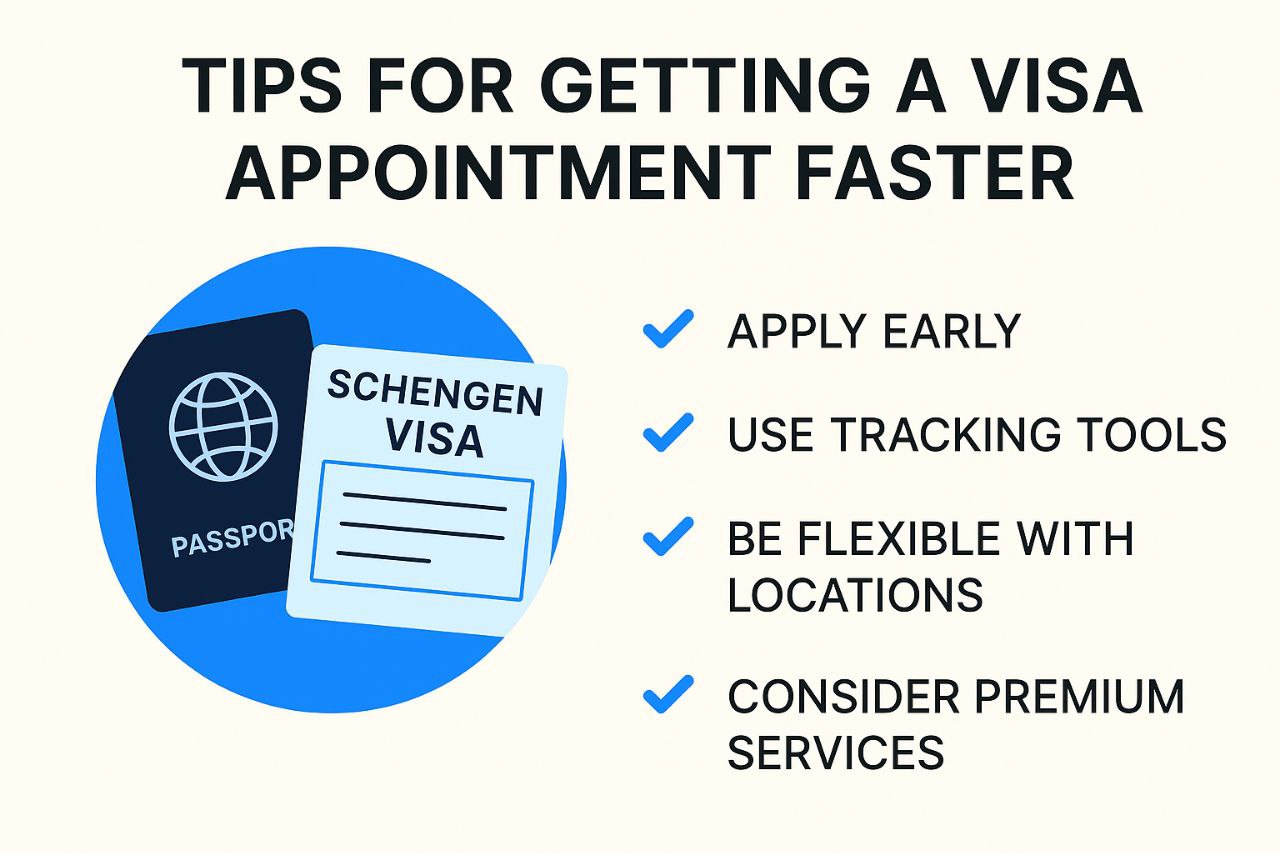 Infographic showing four tips for getting a Schengen visa appointment faster, including apply early, use tracking tools, be flexible with locations, and consider premium services.