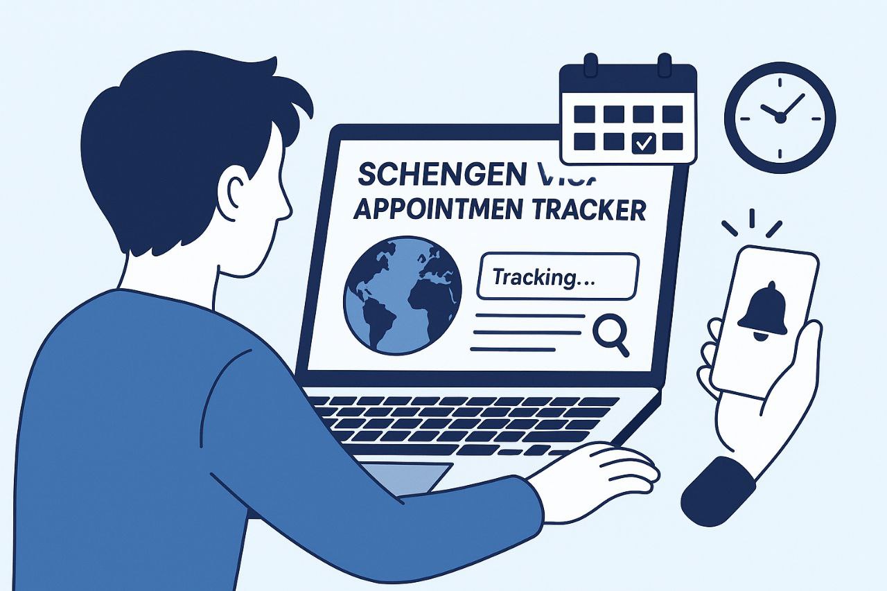 Flat illustration of a person using a laptop to track Schengen visa appointments with a smartphone notification alert and calendar icon.