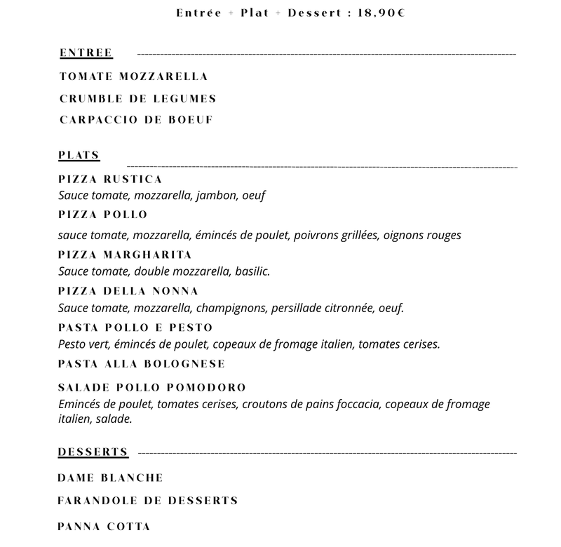 MENU Entrée - Plat - Dessert