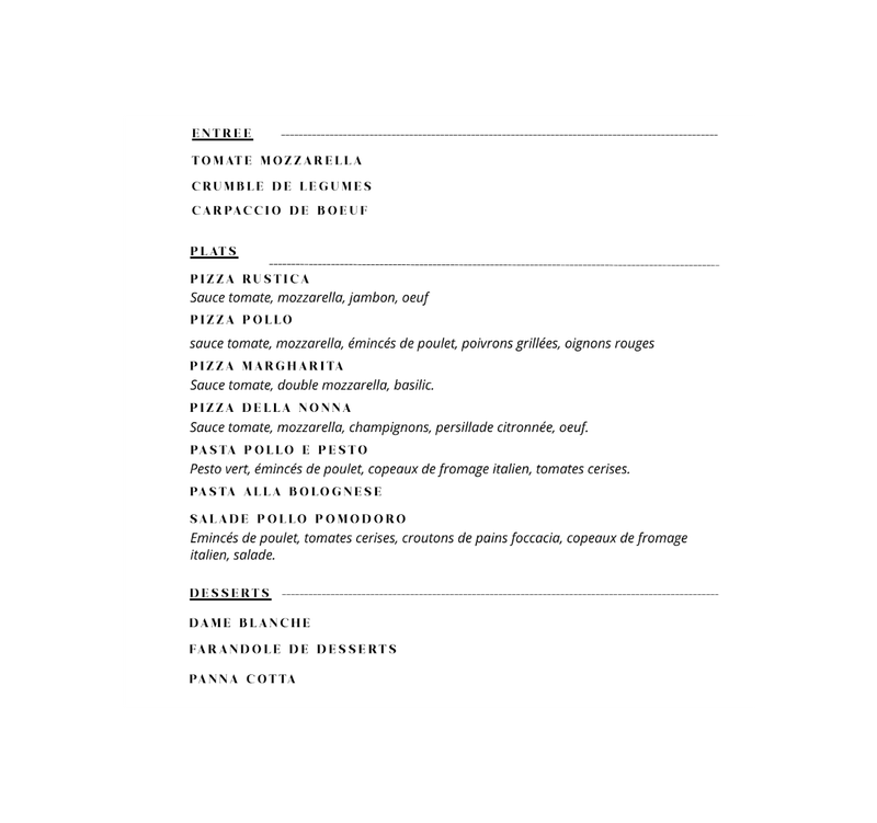 MENU Entrée - plat ou Plat - dessert