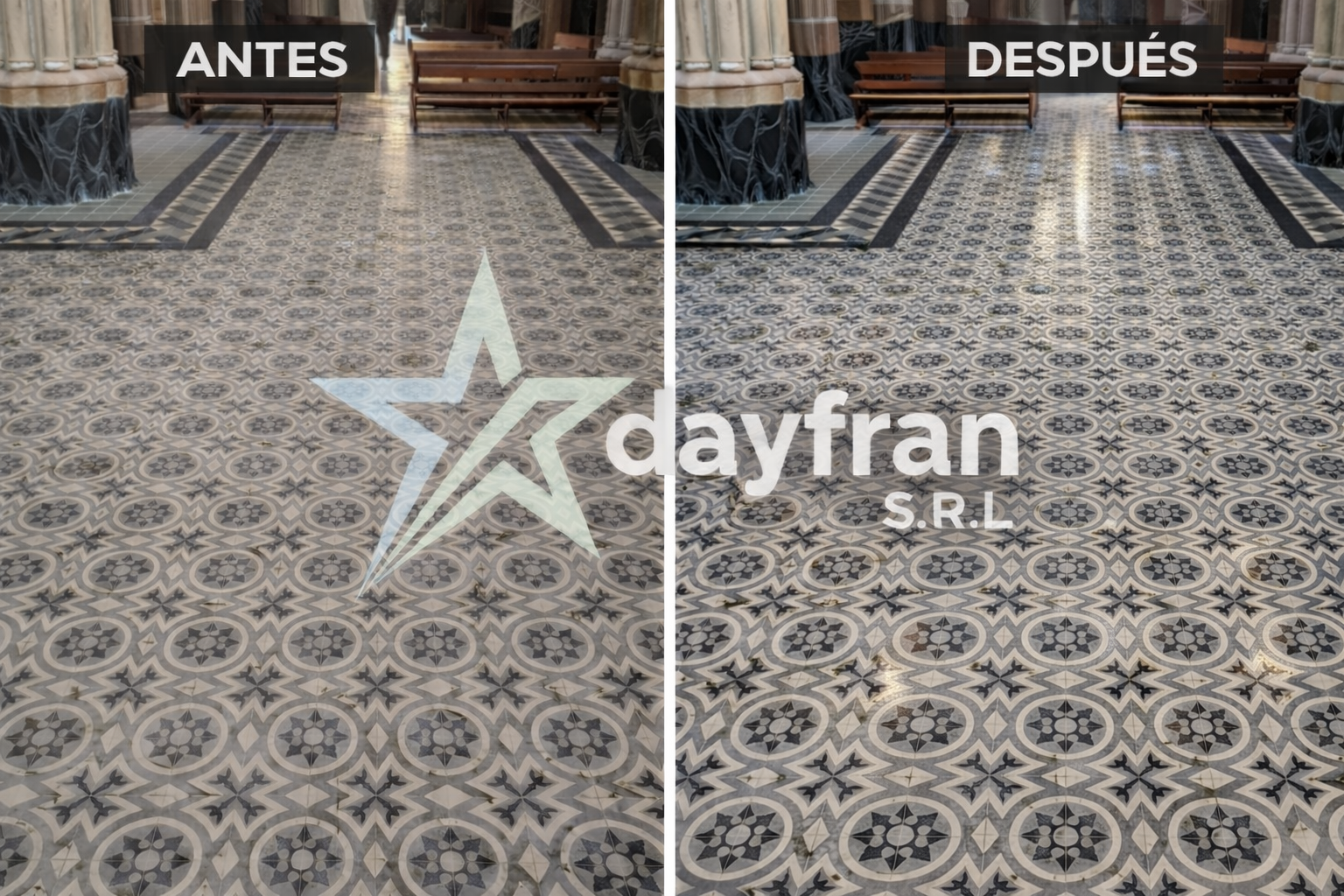 Antes y después de piso de mosaico pulido y renovado