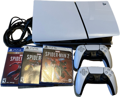 SONY PLAYSTATION 5 SLIM DISC EDITION 1TB W/ 2 CONTROLLERS AND 3 SPIDER-MAN GAMES