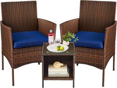 3 Pieces Patio Furniture PE Rattan Wicker Red Chair Conversation Set I BLUE