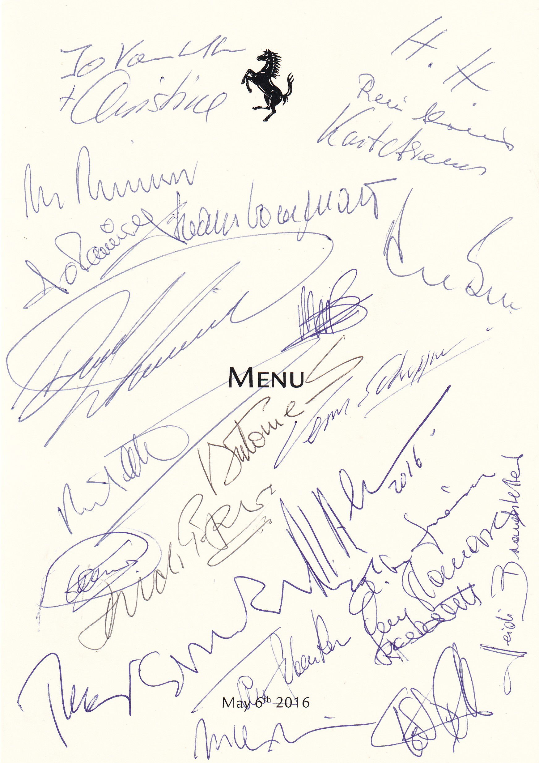 MULTI SIGNED MENUCARD GRAND PRIX DRIVER CLUB MARANELLO 2016