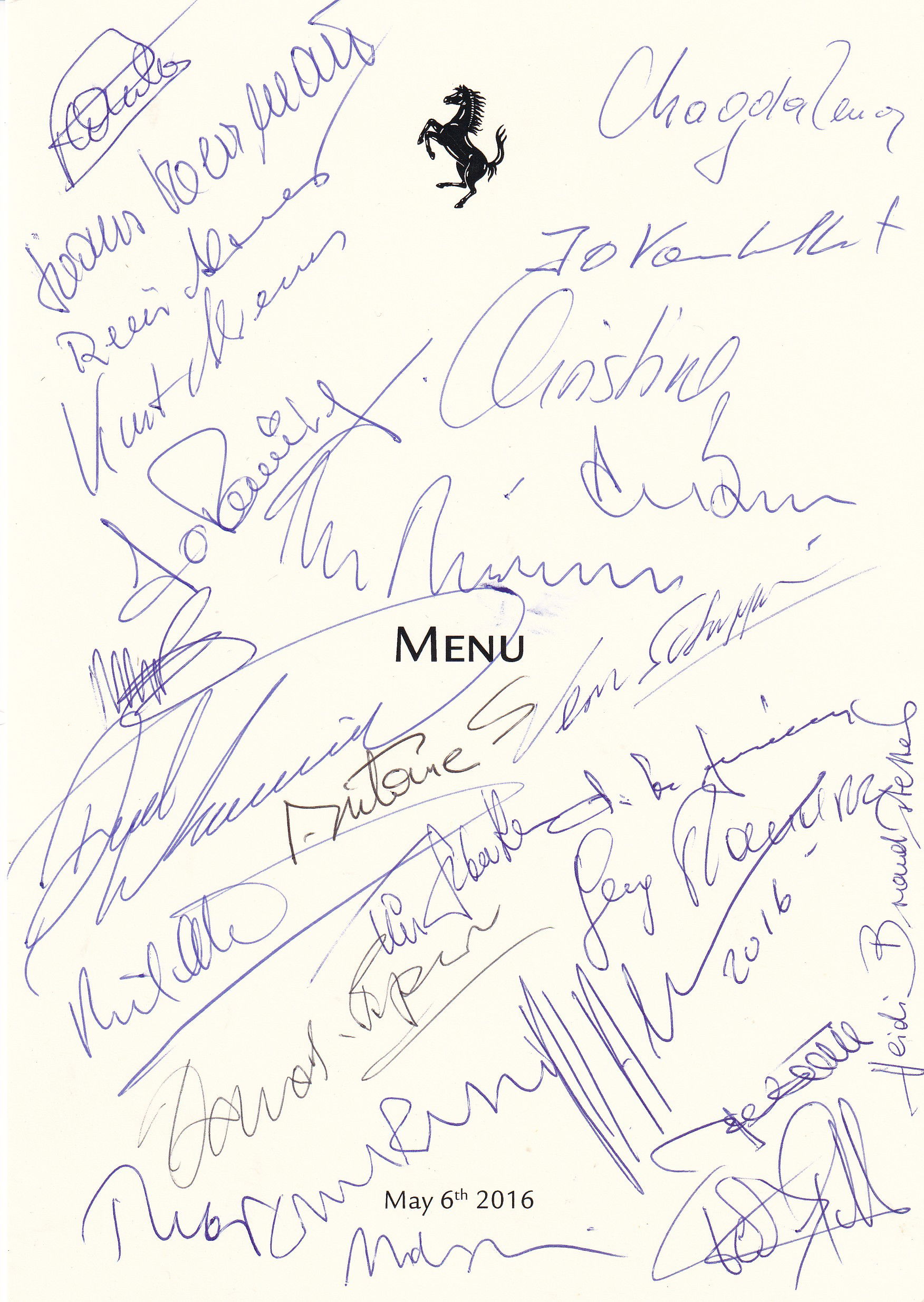 MULTI SIGNED MENUCARD GRAND PRIX DRIVER CLUB MARANELLO 2016