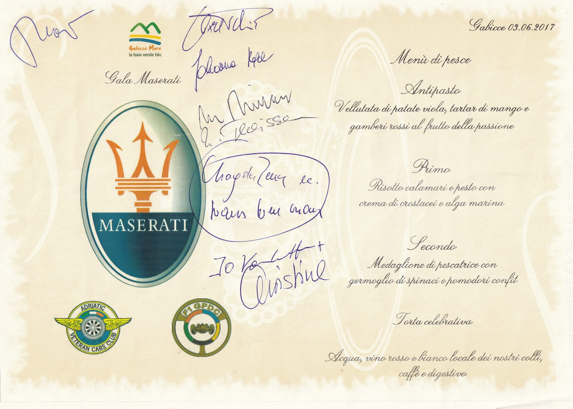MULTI SIGNED MENUCARD GRAND PRIX DRIVER CLUB RICCIONE CATTOLLICA 2017