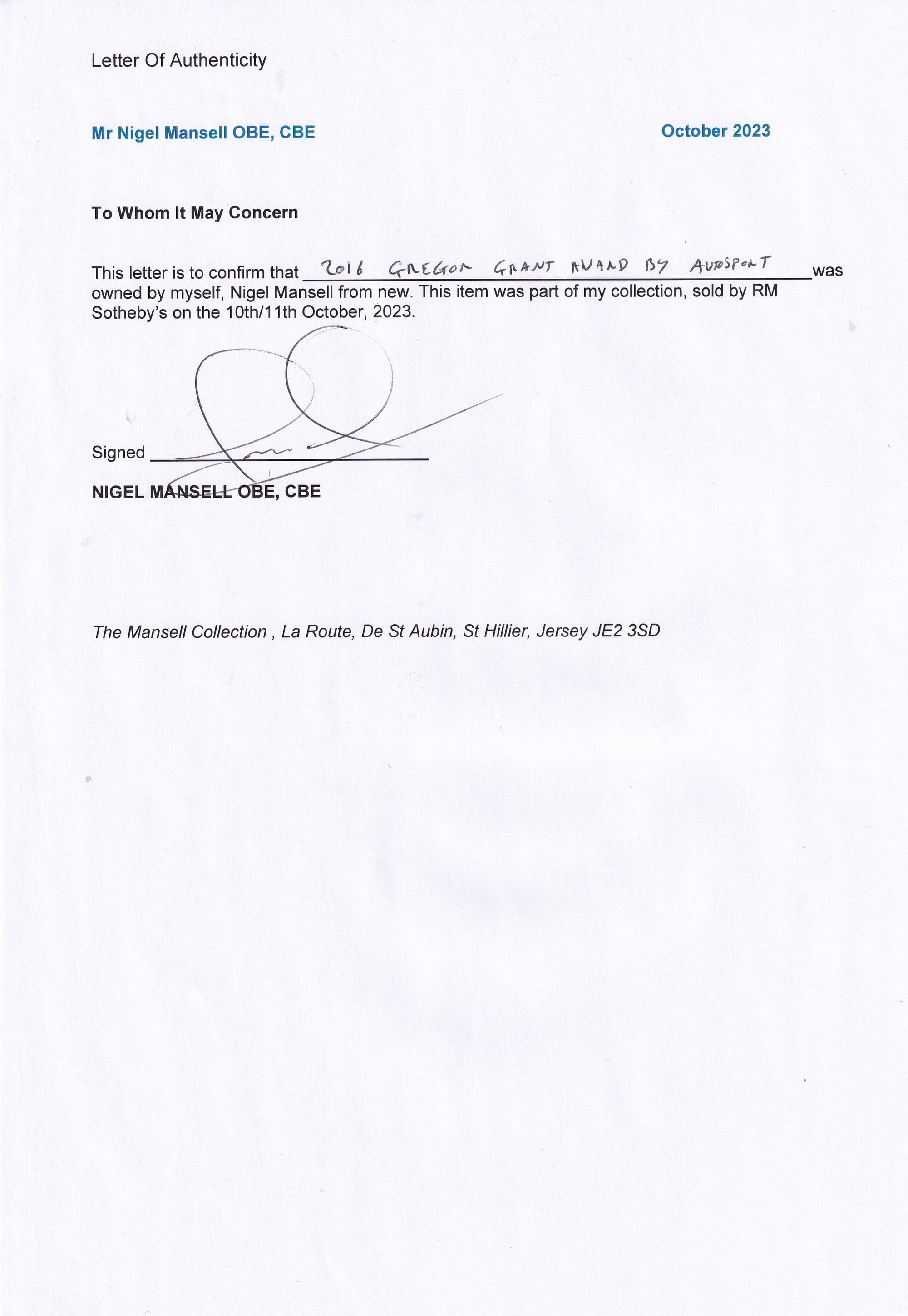 NIGEL MANSELL'S GREGOR GRANT AWARD BY AUTOSPORT 2016 (FROM NIGEL MANSELL'S PRIVATE COLLECTION)