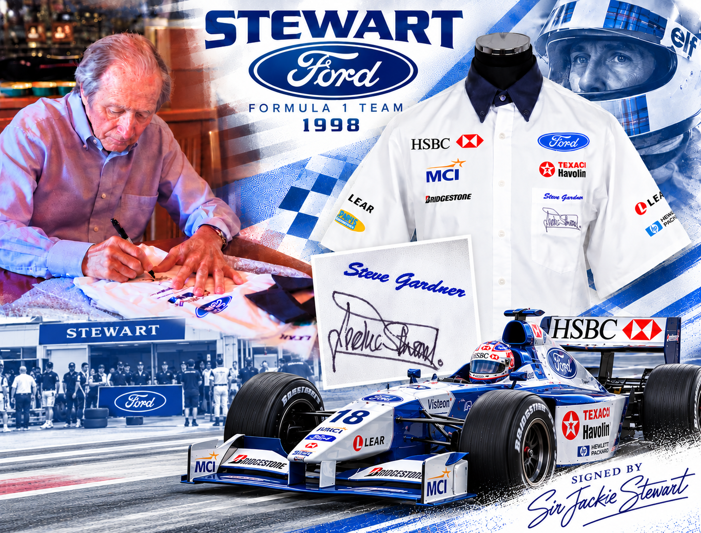 SIR JACKIE STEWART SIGNED STEWART GRAND PRIX F1 TEAM PIT CREW SHIRT 1988