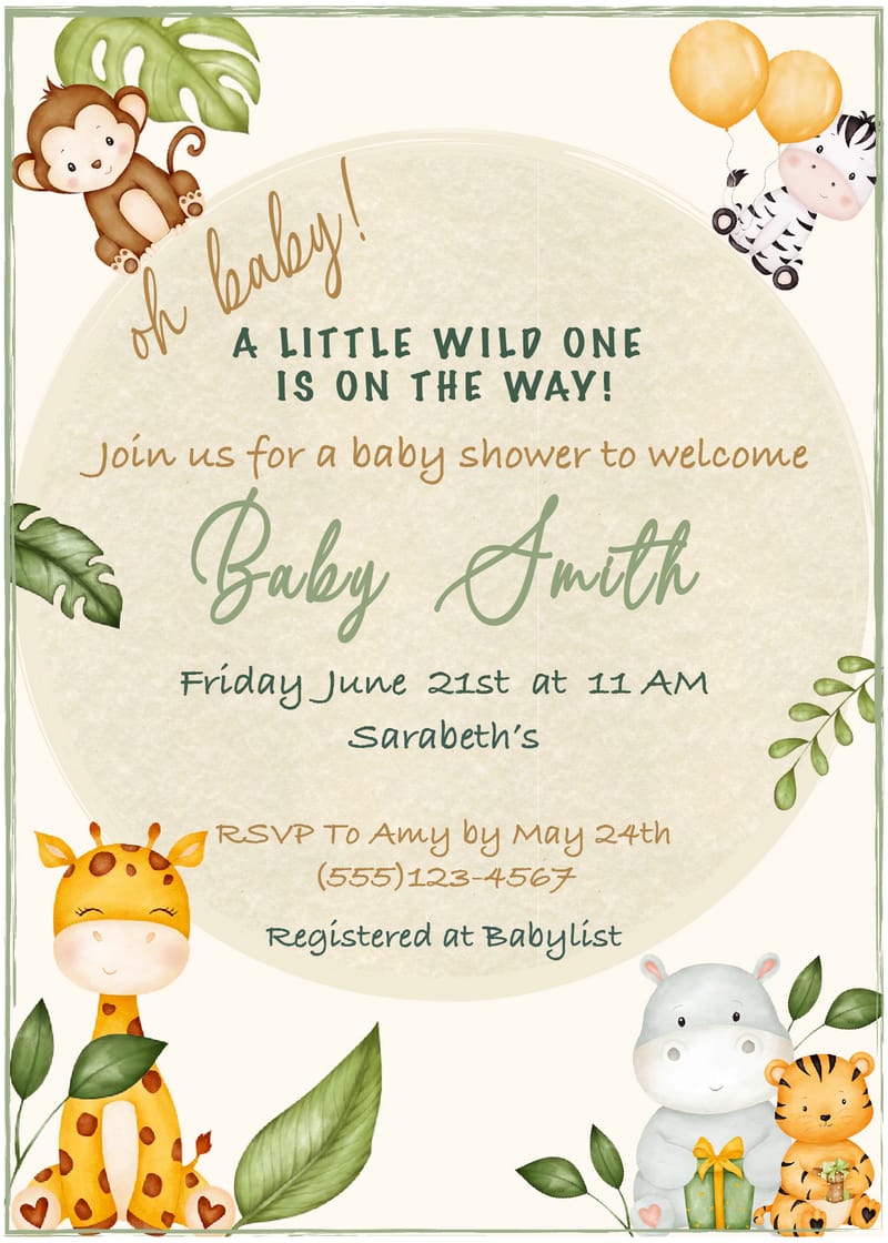 Safari themed Baby Shower Invitation- Diaper raffle included