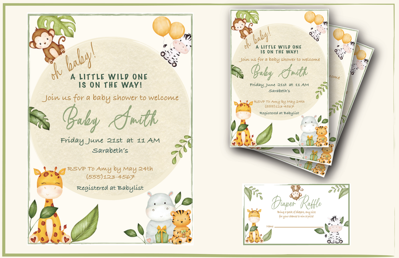 Safari themed Baby Shower Invitation- Diaper raffle included