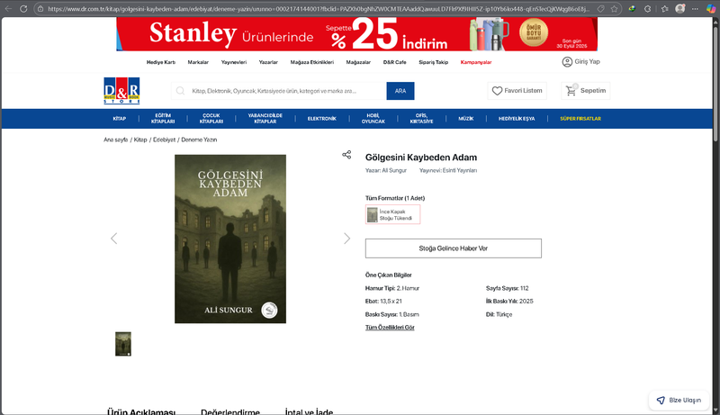 Aşağıda bulunan linkte ki URL'yi kopyalayıp tarayıcı çubuğuna yapıştırarak kitabımızı D&R üzerinden sipariş verebilirsiniz.