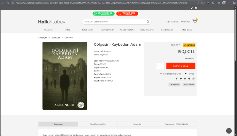 Aşağıda bulunan linkte ki URL'yi kopyalayıp tarayıcı çubuğuna yapıştırarak kitabımızı halk kitabevi üzerinden sipariş verebilirsiniz.