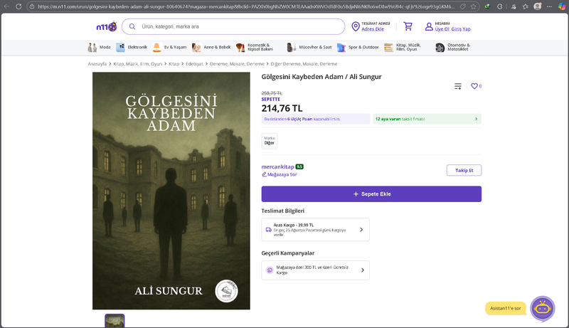 Aşağıda bulunan linkte ki URL'yi kopyalayıp tarayıcı çubuğuna yapıştırarak kitabımızı N11 üzerinden sipariş verebilirsiniz.