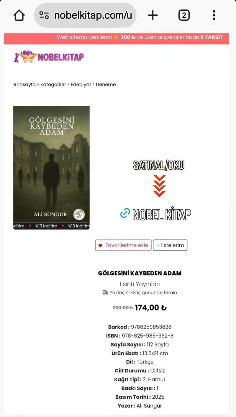 Aşağıda bulunan linkte ki URL'yi kopyalayıp tarayıcı çubuğuna yapıştırarak kitabımızı nobel kitap üzerinden sipariş verebilirsiniz.