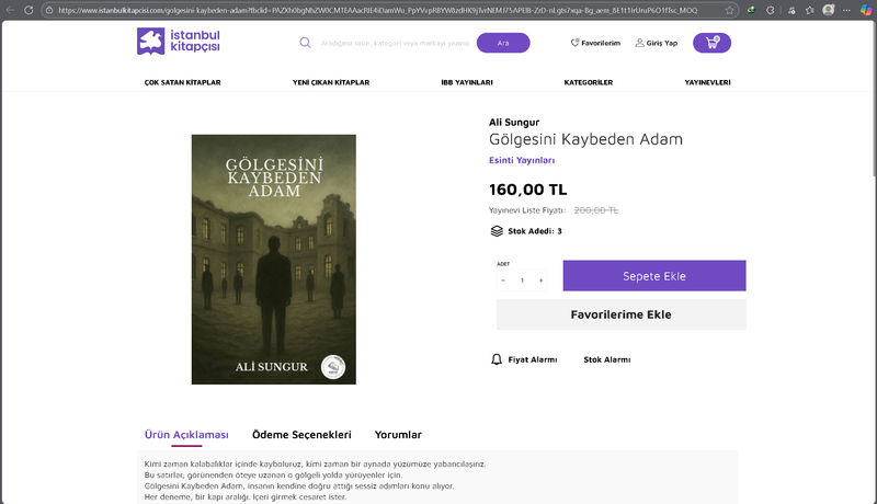 Aşağıda bulunan linkte ki URL'yi kopyalayıp tarayıcı çubuğuna yapıştırarak kitabımızı İstanbul kitapçısı üzerinden sipariş verebilirsiniz.