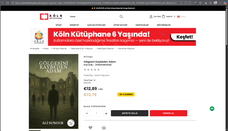 Aşağıda bulunan linkte ki URL'yi kopyalayıp tarayıcı çubuğuna yapıştırarak kitabımızı Köln Kütüphanesi üzerinden sipariş verebilirsiniz.