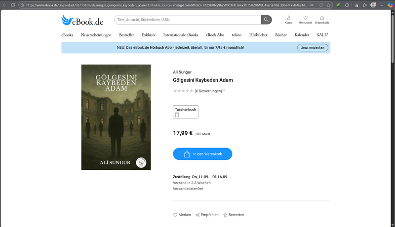 Aşağıda bulunan linkte ki URL'yi kopyalayıp tarayıcı çubuğuna yapıştırarak kitabımızı Ebook.de üzerinden sipariş verebilirsiniz.