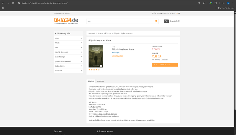 Aşağıda bulunan linkte ki URL'yi kopyalayıp tarayıcı çubuğuna yapıştırarak kitabımızı Tikla24.de üzerinden sipariş verebilirsiniz.