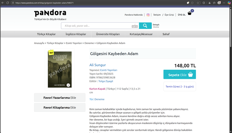 Aşağıda bulunan linkte ki URL'yi kopyalayıp tarayıcı çubuğuna yapıştırarak kitabımızı Pandora Kitapevi üzerinden sipariş verebilirsiniz.