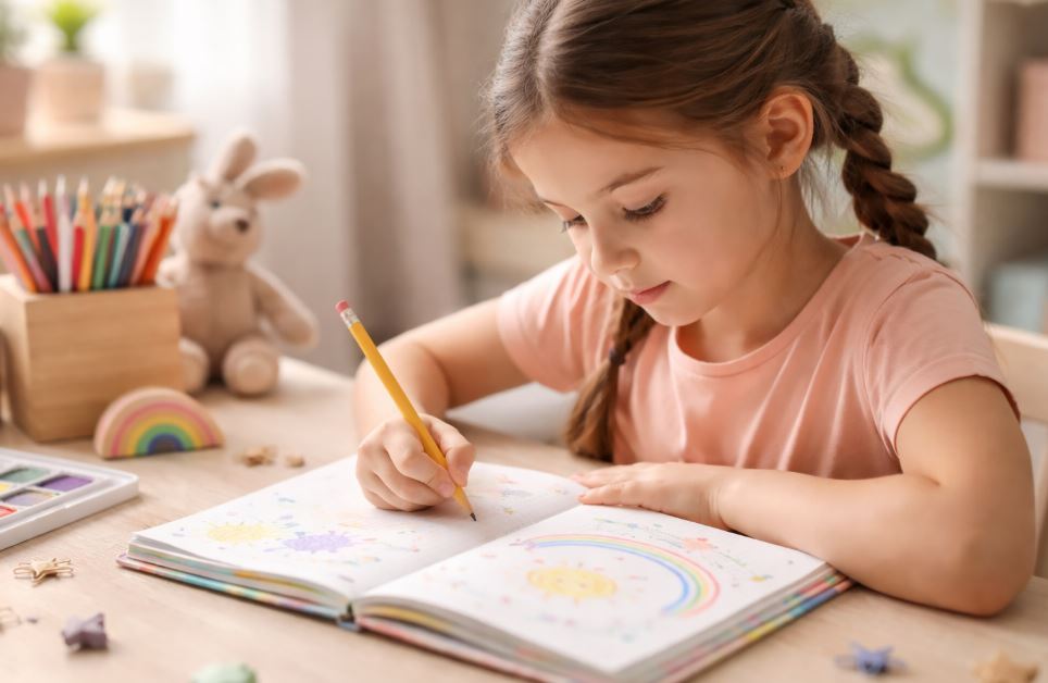 activités créatives fille dessinant sur sont carnet de notes