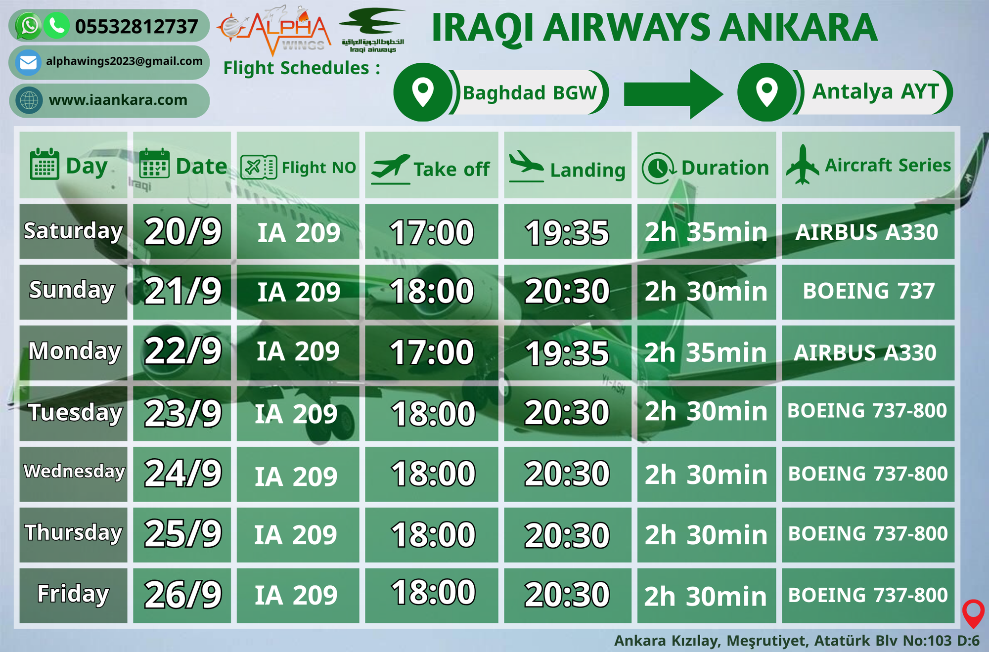 BAGHDAD > ANTALYA