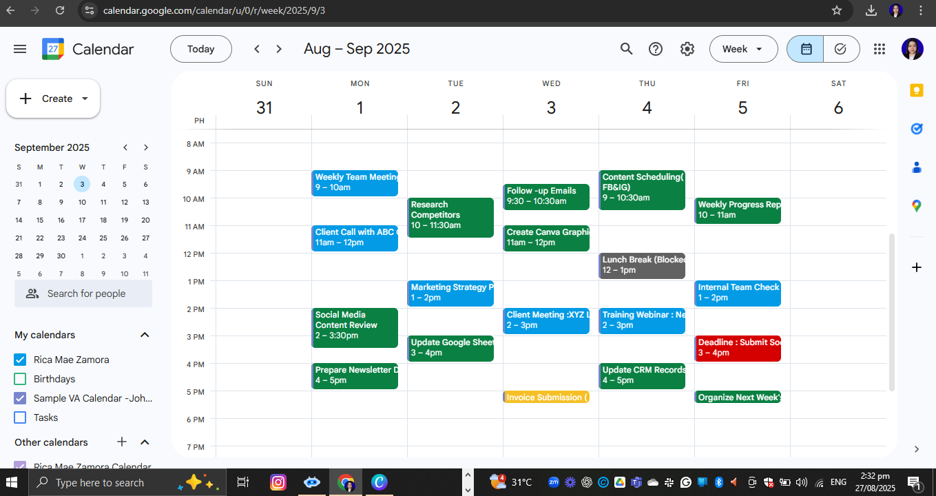Sample Calendar management - Weekly view