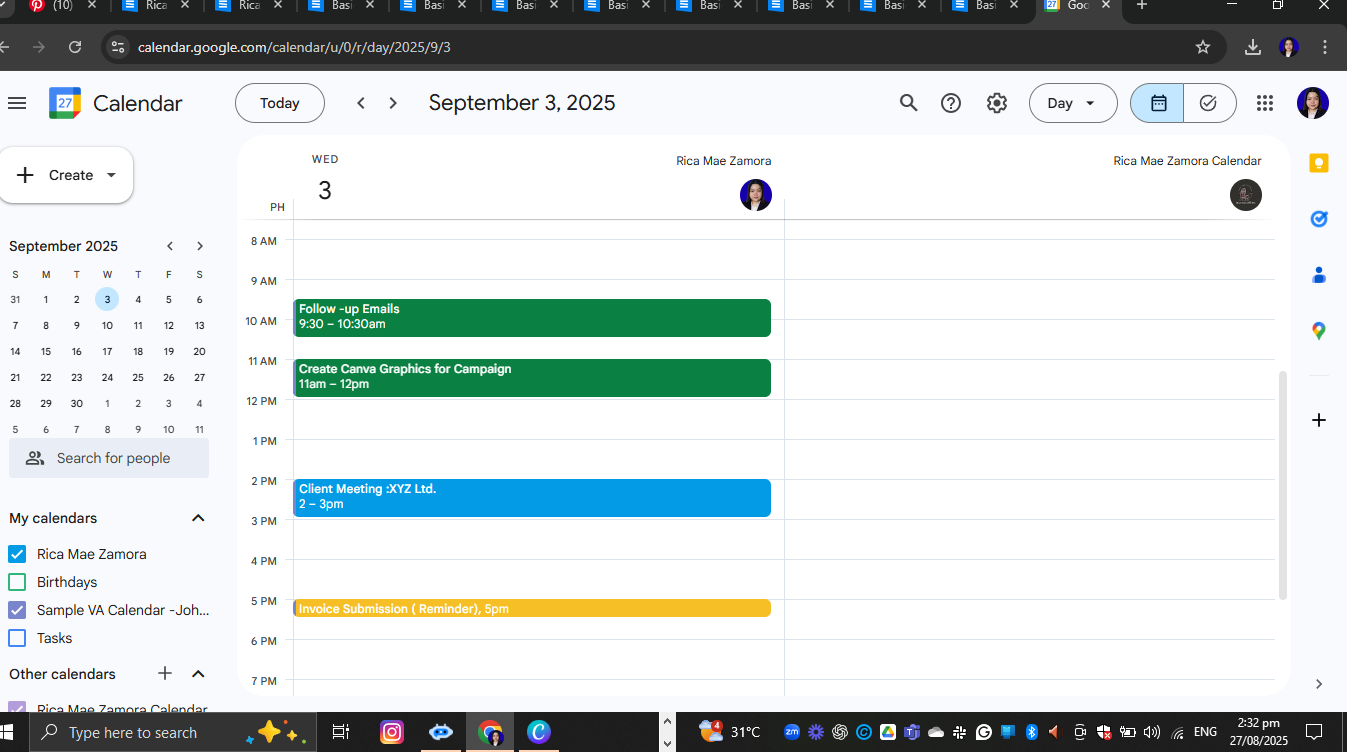 Sample calendar management -Daily view