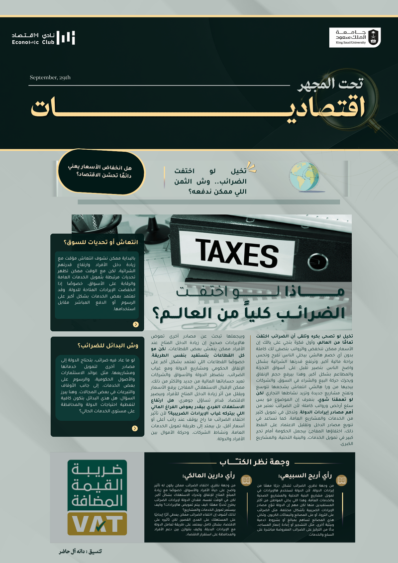  ماذا لو اخـتـفـت الضـرائـب تمامًا.. هل تنخفض الأسـعـار وتـزيـد القـدرة الـشـرائـيـة؟ أم نـواجـه  تحديات جديدة في تمويل الخدمات والمشاريع؟