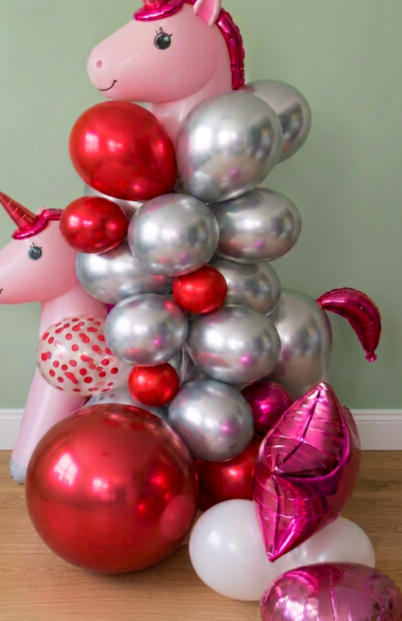 Wunsch: Maxi Ballonstange Thema Einhorn in Silber, Pink und Rot