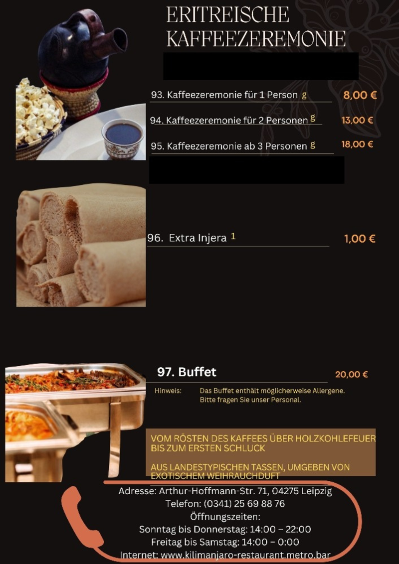 ERITREISCHE KAFFEEZEREMONIE & Buffet – jeden Samstag