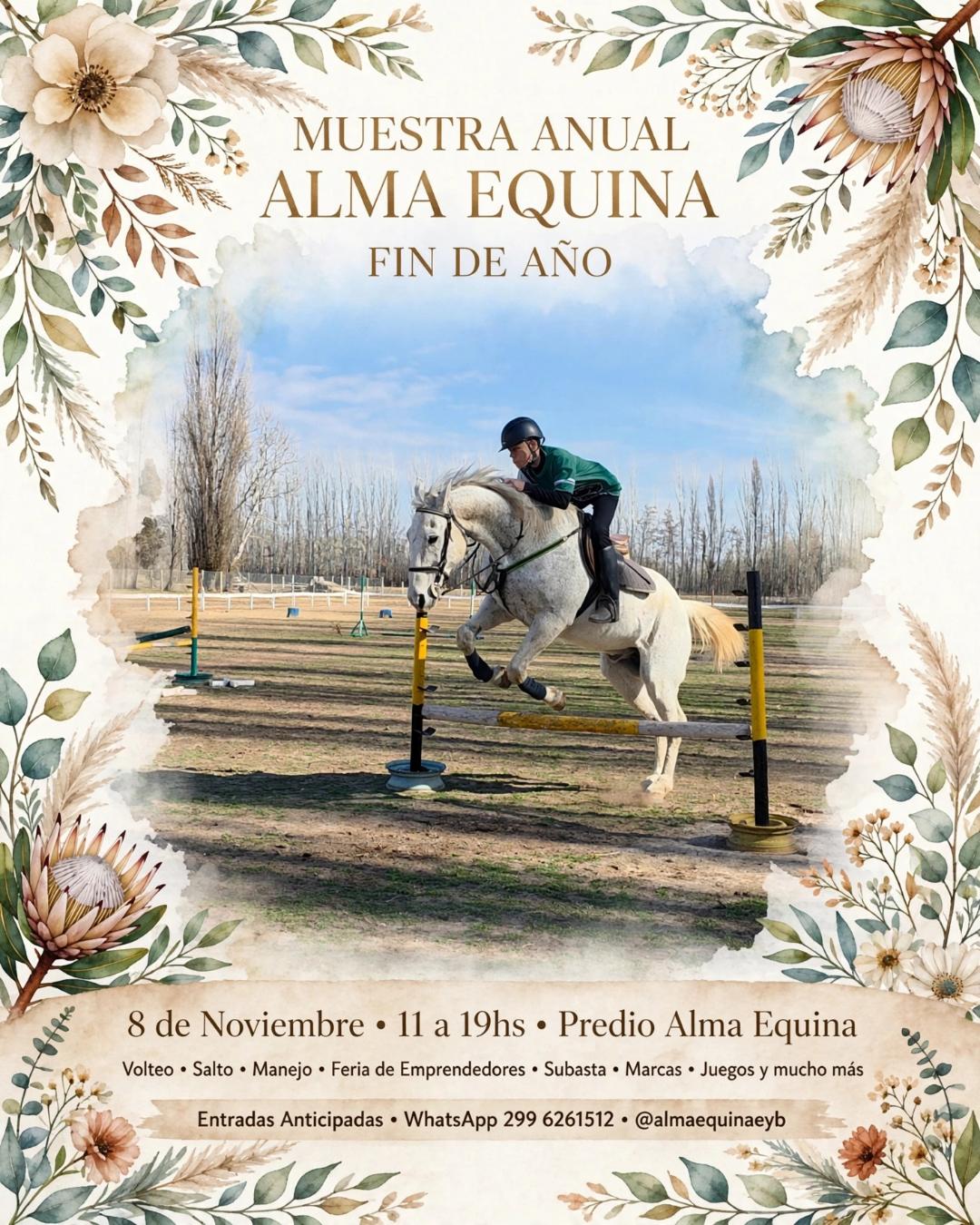 Hola! Gracias por tu interés en FERIA HUELLAS DEL ALMA   En el marco de la Muestra Anual Alma Equina - 8 de Noviembre   📍 Predio Alma Equina   ⛺ Stand 3x3 - traer lona plegable en colores claros (beige/blanco/crema)  🔌 Incluye electricidad y sanitarios   📣 Incluye promoción en nuestras redes y difusión en medios masivos   Inversión:  $100.000   Cupos limitados. Se reserva con seña.