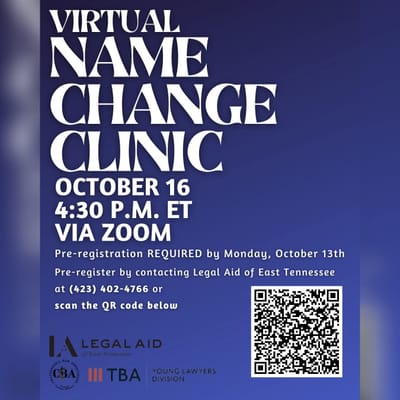 Join us for a FREE Virtual Name Change Clinic on Wednesday, October 16 at 4:30 p.m. ET, all from the comfort of your home or workplace via Zoom!📋 Pre-registration is REQUIRED by Monday, October 13, 2025➡️ To pre-register, call (423) 402-4766, or simply scan the QR code Open to any resident within the 26 counties served by LAETThis clinic, hosted by LAET and in partnership with the Young Lawyers Division of the Chattanooga Bar Association and Tennessee Bar Association Young Lawyers Division, will help guide you through the legal process of changing your name.Don’t miss this opportunity to take the next step toward the future you want.