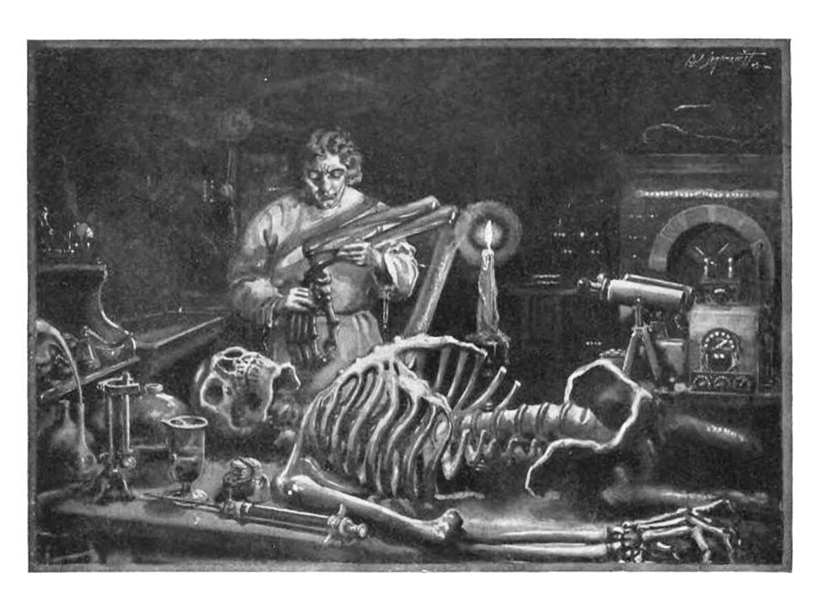 1922 illustration of Dr. Frankenstein and his monster in his lab.