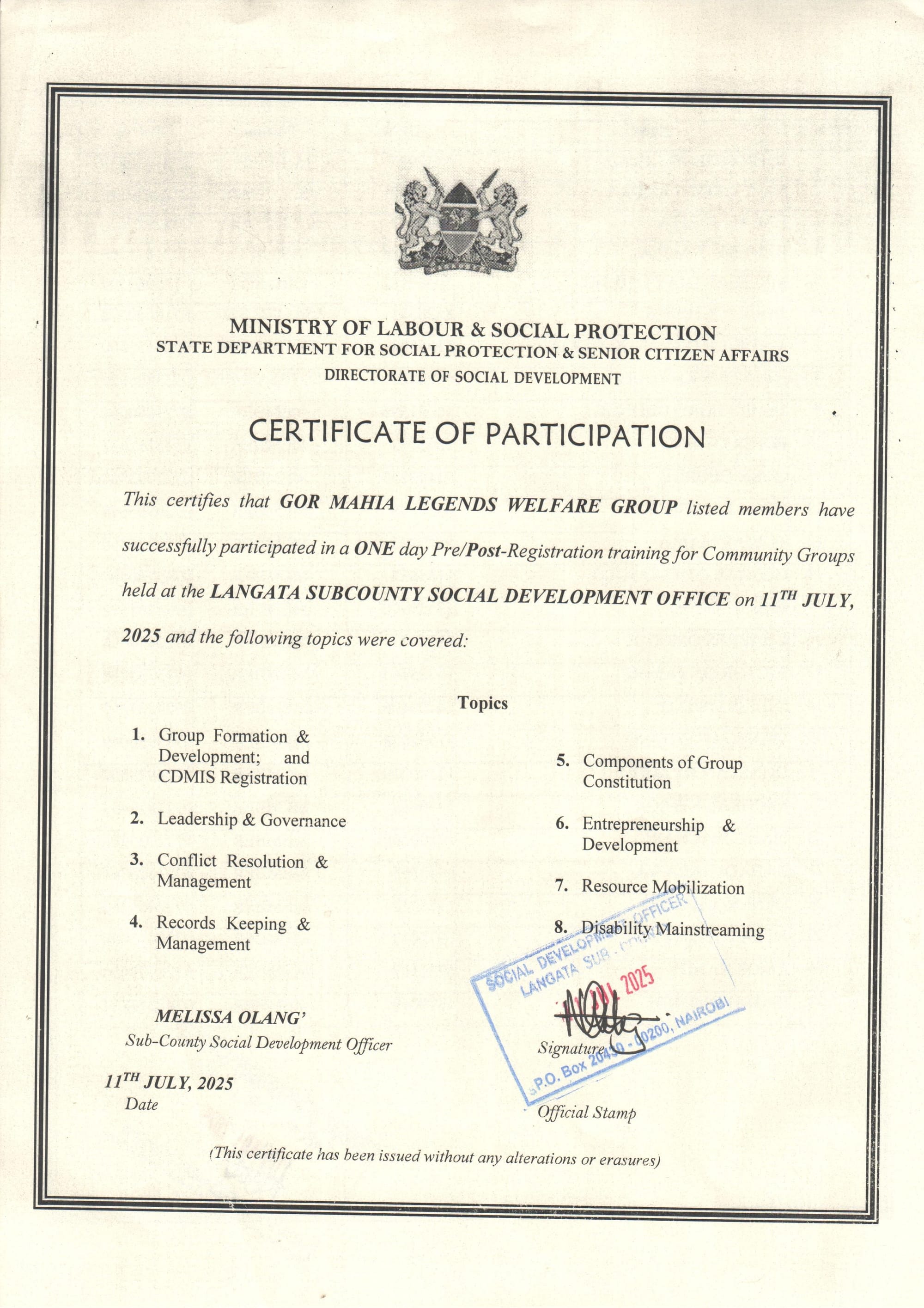 Certificate of Participation