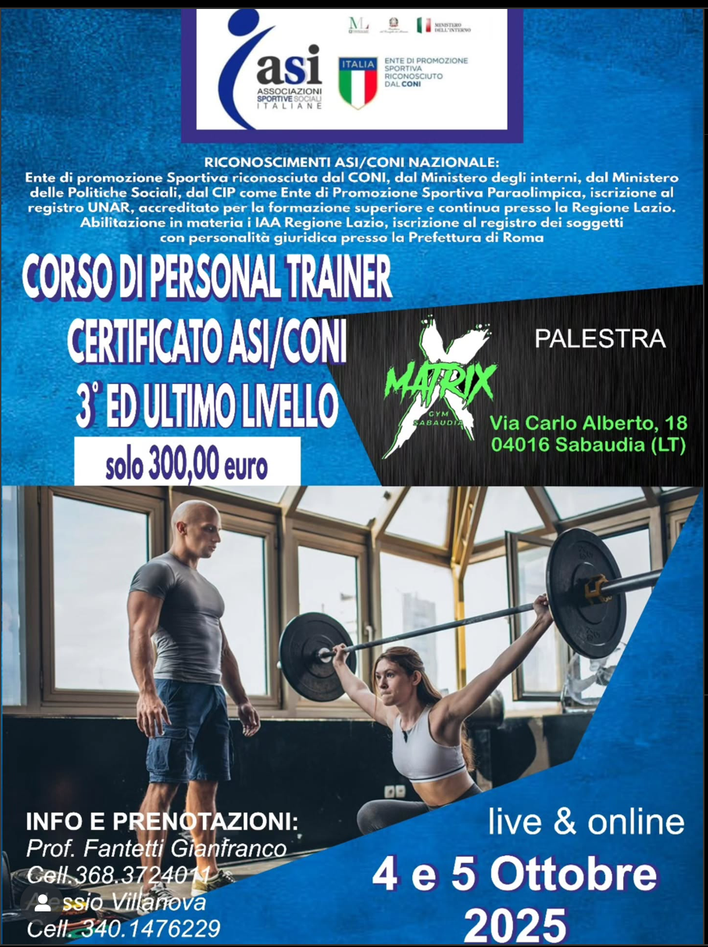 Corso di personal trainer certificato ASI/CONI