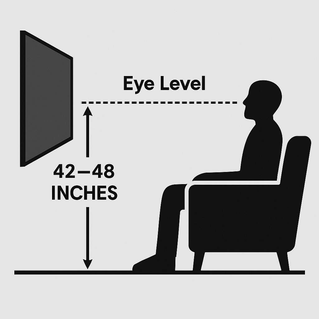 TV mounted at eye level with couch in living room